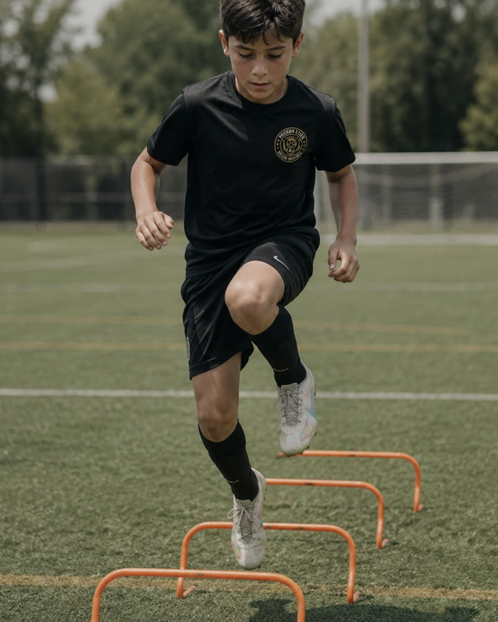 A player clearing a set of low hurdles in a footwork drill