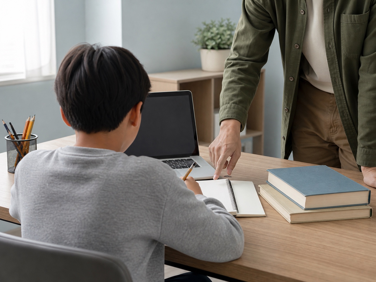 A student completing coursework with guidance from a tutor
