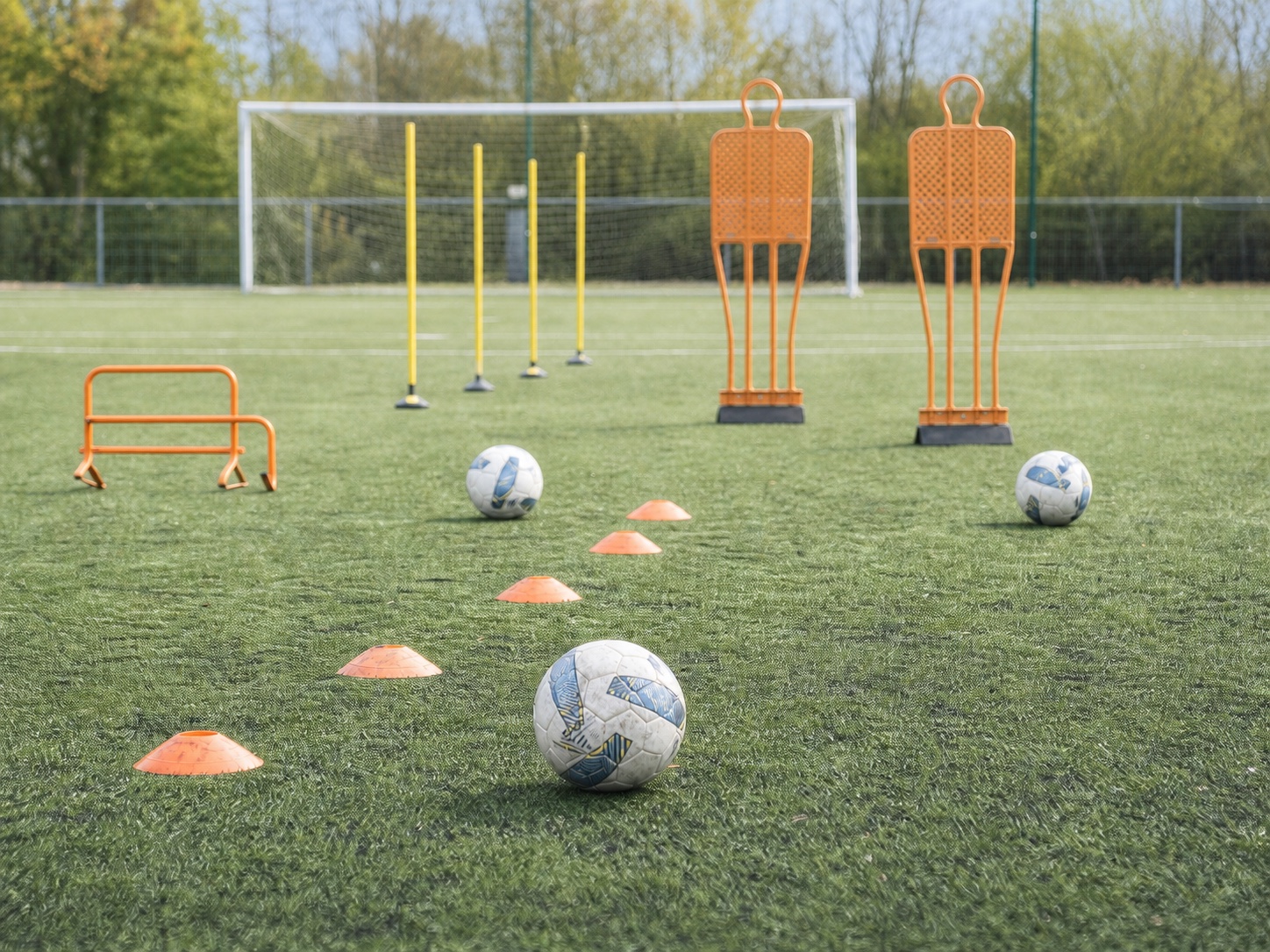 A soccer practice field prepared with balls, cones, poles, hurdles, and training mannequins